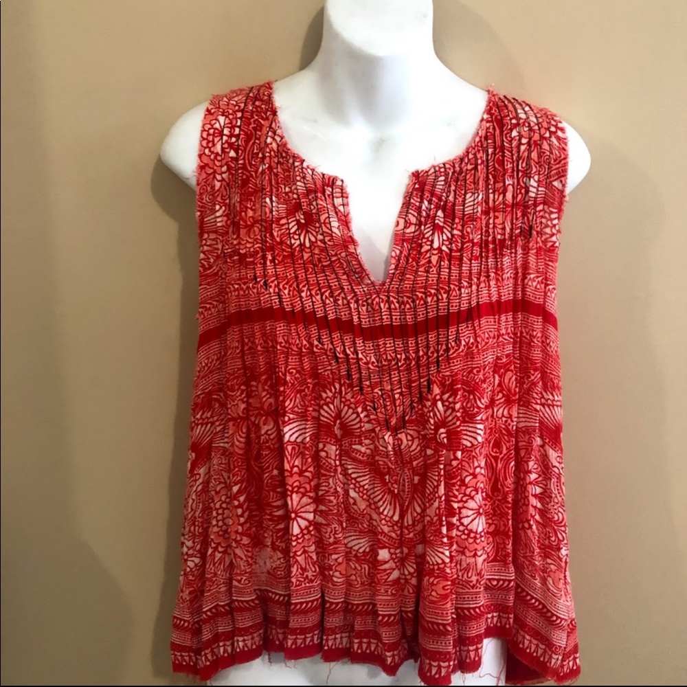 Free People Red White Myna Split  V-Neck Open Tie Back Tank Top